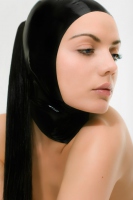 latex open face hood with ponytail opening