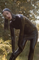 latex open face hood with ponytail hood